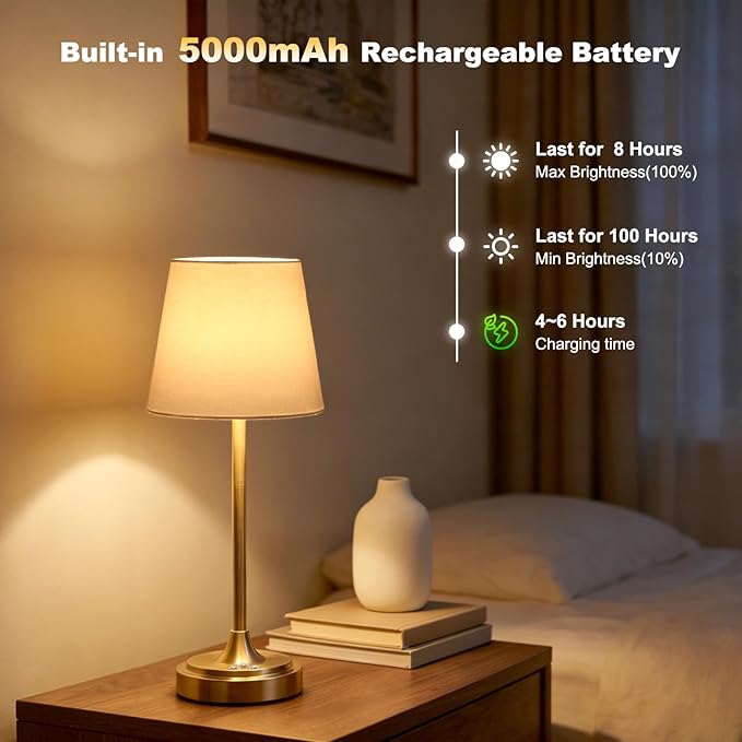 Wowag Cordless Table Lamp Rechargeable,5000mAh Battery Operated Desk Lamp,3 Colors & 7 RGB Stepless Dimmable,Touch Control Ambient Light for Bedside,Bedroom,Dining Room,Living Room,Gold,WhiteShade