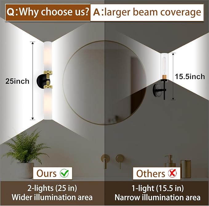LaLuLa Black and Gold Vanity Light Fixtures – Modern Hardwired Wall Sconces with Milk Glass Shades, Textured Metal Bathroom Lighting for Over Mirror or Hallway, 25" Height