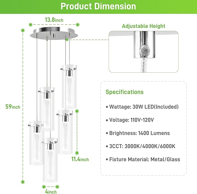 hykolity 5-Light Bubble Glass Pendant Light, 3CCT Dimmable LED Chandelier, Polished Nickel Modern Hanging Ceiling Light for Kitchen Island, Dining Room, Bedroom, ETL Listed