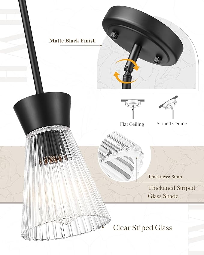 Modern Pendant Light, HWH 1-Light Adjustable Hanging Lighting for Kitchen, Living Rooms, Bedrooms, Black Kitchen Island Lights with Clear Striped Glass, Matte Black Finish, 5HZG107MIL BK