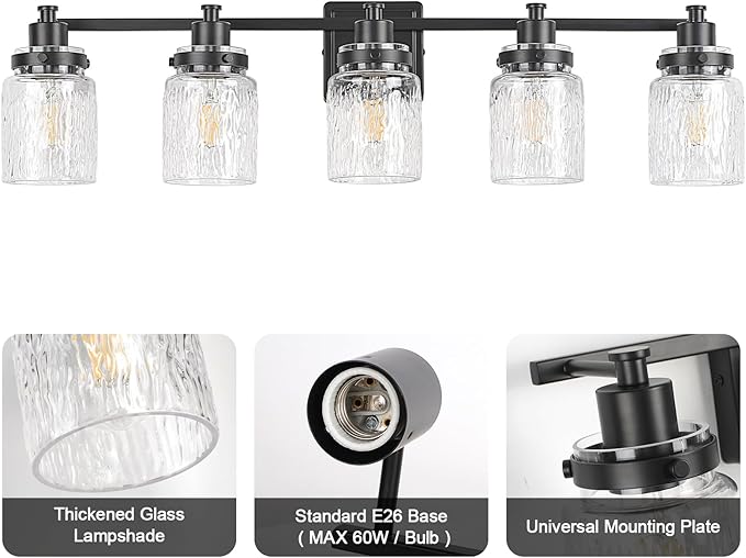 5 Lights Bathroom Light Fixtures Farmhouse Black Vanity Lights for Bathroom Lighting Fixtures Over Mirror with Hammered Glass Lampshade for Cabinet Mirror Bedroom Hallway