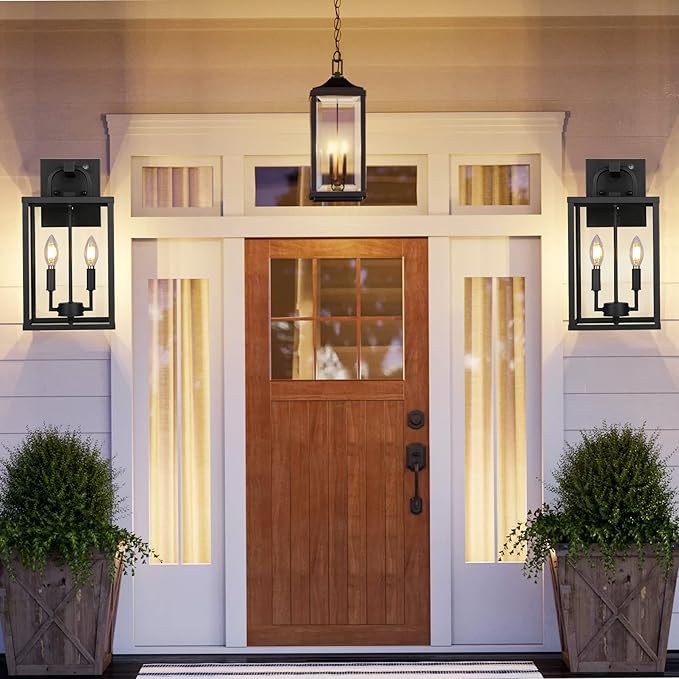 PARTPHONER Large Outdoor Light Fixutre 2-Light, Dusk to Dawn Outdoor Lighting Farmhouse Front Porch Light Exterior Wall Lantern Sconce with Clear Glass for Entryway Doorway House Garage