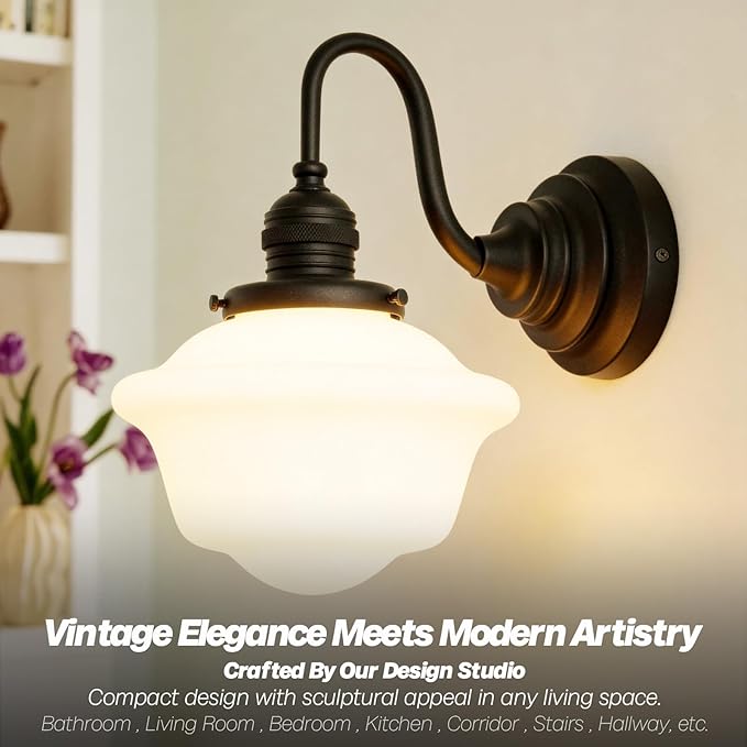 Vintage Wall Sconce Light Hardwire Black Bathroom Vanity Light with Frosted Milk White Gyro Glass Shade Modern Farmhouse Wall Lamp Fixture for Bathroom Mirror Living Room Bedroom Indoor