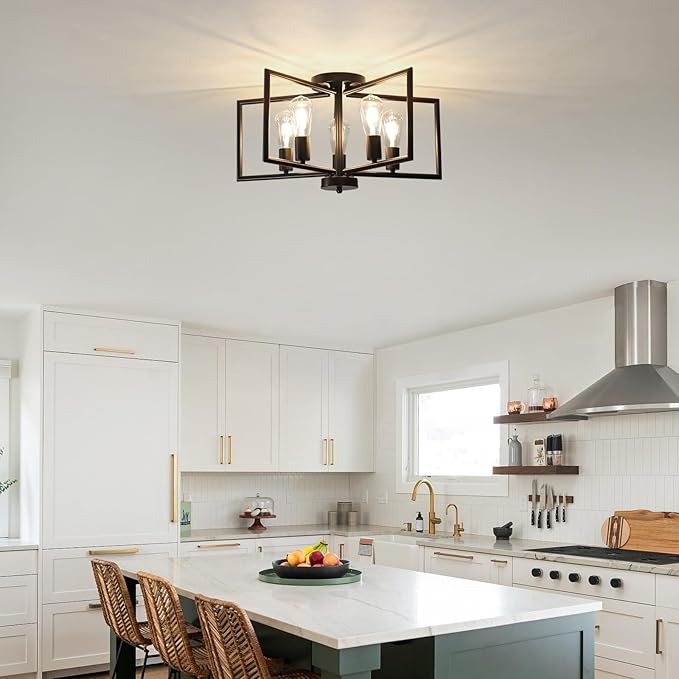 5-Light Black Semi-Flush Mount Ceiling Chandeliers, Geometric Five-Pointed Star Shape Industrial Metal Lighting Fixture for Foyer Entryway Hallway Living Room Modern Farmhouse Kitchen Island