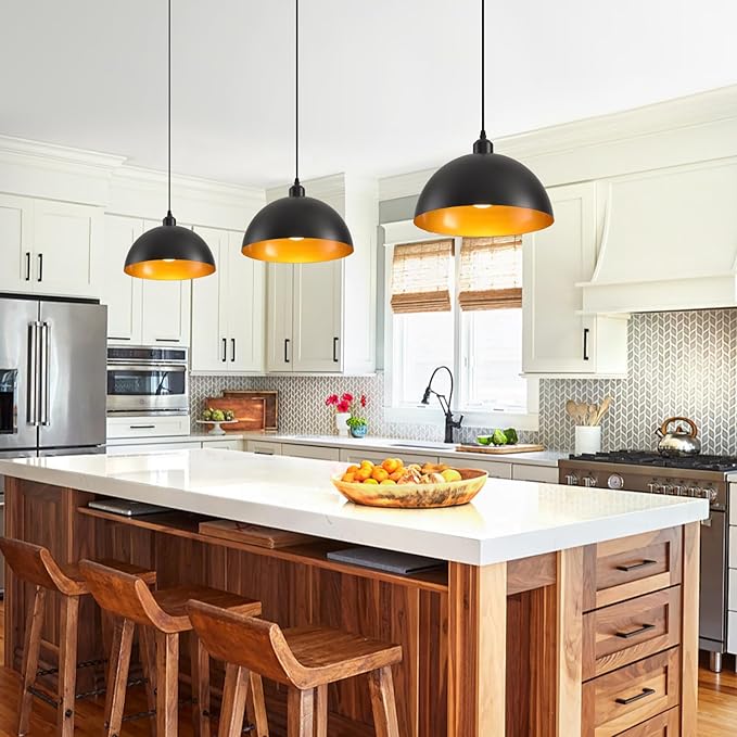 Plug in Pendant Light 2 Pack Industrial Hanging Lamp with Golden Finish Inside Black Vintage Pendant Lighting Fixtures with 15ft Cord On/Off Switch
