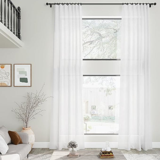 Nanspring Extra Long White Linen Curtains 240 Inch Length for Living Room 2 Panels Set Back Tab Drapes Light Filtering Semi Sheer Curtain for Floor to Ceiling Large Window Farmhouse Decor 52x240