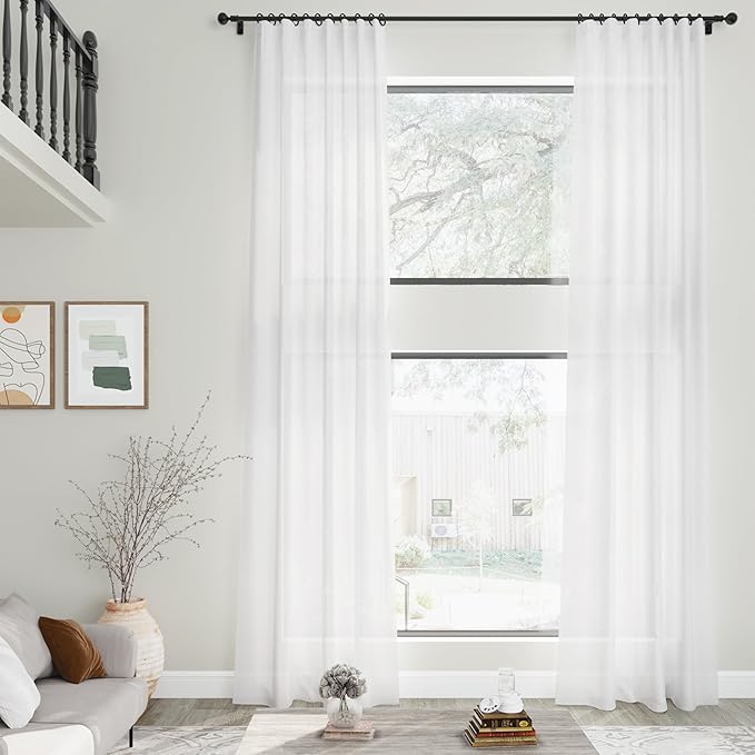 Nanspring White Linen Curtains 134 Inches Long 2 Panels Set for Living Room Extra Long Back Tab Curtains Light Filtering Semi Sheer Linen Drapes Ceiling to Floor for Large Window Farmhouse 52x134