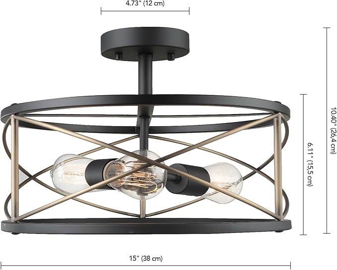 Globe Electric 60869 Denali 3-Light Flush Mount Ceiling Light, Matte Black, Brass Accents