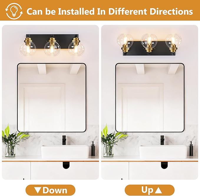 3-Light Bathroom Vanity Light Fixture Over Mirror, Bathroom Light Fixutre Matte Black & Gold Finish with Globle Clear Glass E26 Base Bulbs Not Included for Bathroom, Hallway, Bedroom, Living room