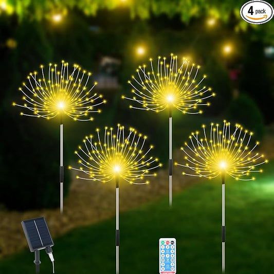 Slyuexu Solar Garden Lights Outdoor Waterproof, 4 Pack Total 480 LED Solar Firework Lights Decorative with 8 Lighting Modes Outside for Yard Pathway Flowerbed Decor, Warm White