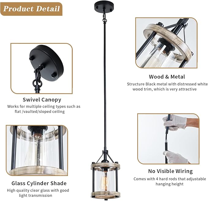 Farmhouse Pendant Light, Rustic White Wood and Metal Cage Hanging Light Fixtures with Glass, 43 Inch Adjustable for Flat and Slop Ceiling, Pendant Lighting for Kitchen Island Foyer Hallway