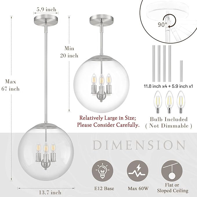 Bagood 14 Inch Globe Pendant Light Nickel Large Globe Pendant Lights Kitchen Island Mid Century Light Fixture with Hight Clear Glass Adjustable Hanging Lights for Living Room Foyer (Bulb Included)