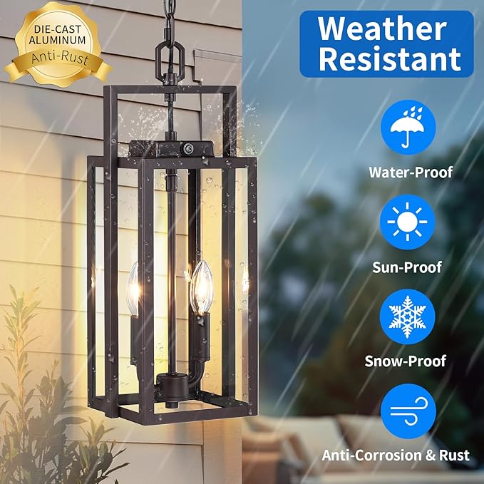 17.8'' Large Dusk to Dawn Outdoor Pendant Light 2-Light, Modern Brown Metal Outside Chandelier Exterior Hanging Fixture Ceiling Mount with Clear Glass for Front Porch Entrance Entryway, 1 Pack