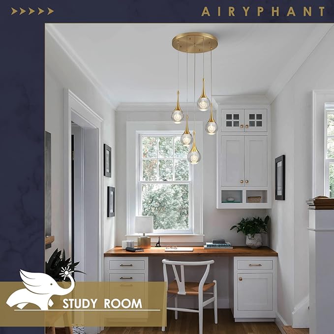 5 Lights Crystal Pendant Light, 25W Gold Dimmable LED Teardrop Cluster Pendant Lighting Fixture for Dining Room Kitchen Living Room Foyer Hallway Bedroom 3000k Warm White