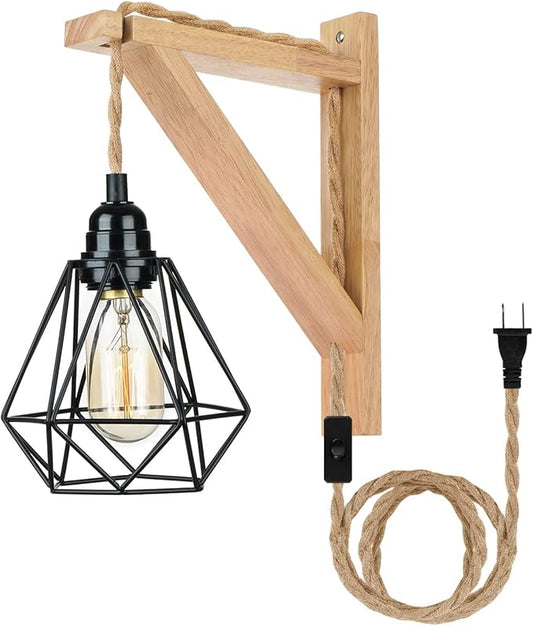 Frideko Hanging Lamps that Plug into Wall Outlet - Wall Lamp with Plug in Cord, Farmhouse Plug in Wall Sconces, Rustic Wall Mount Lamp with Wood Shelf Bracket & Switch for Hallway,Living Room