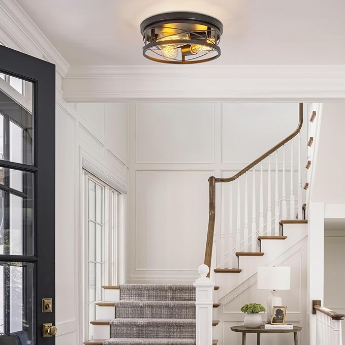 Farmhouse Ceiling Light Fixtures Black Flush Mount Ceiling Light 3-Light Vintage Kitchen Light Fixtures Metal Cage Ceiling Lights for Bedroom, Living Room, Hallway, Foyer(E26 Base)
