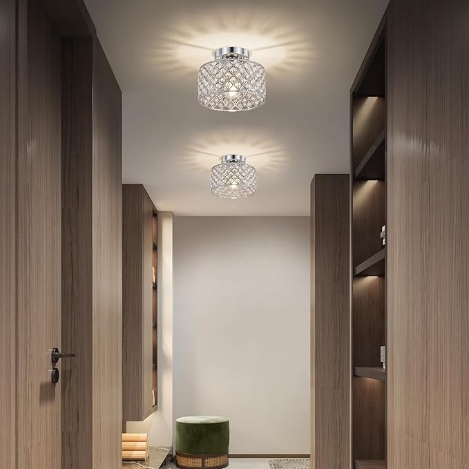 Chrome Crystal Ceiling Light Fixture,Modern Semi Flush Mount Ceiling Lighting Fixture,Round Small Chandelier for Hallway, Entryway, Laundry Room, Kitchen, Bedroom, Foyer, Bathroom, 1 Light, 9 inch