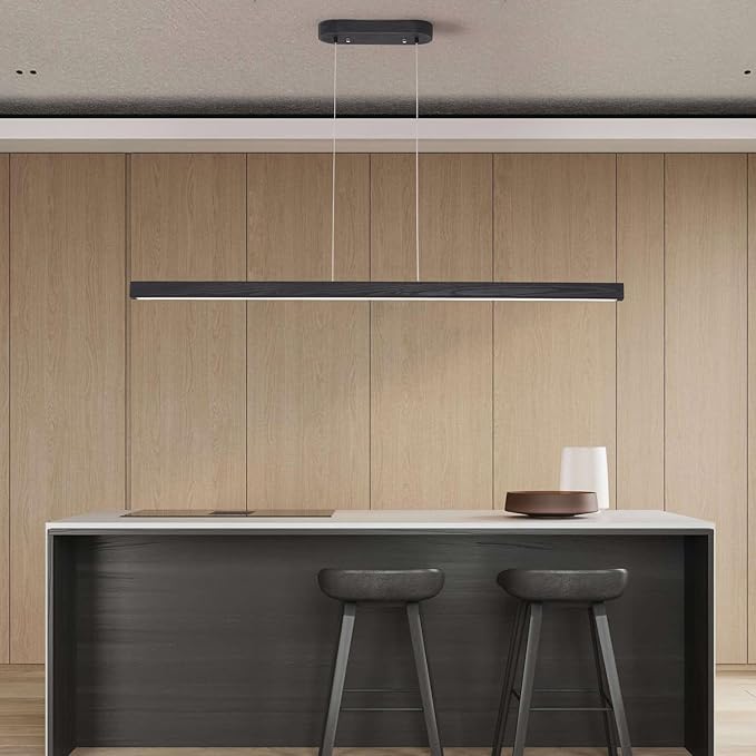 YISDESIGN 59'' Led Pendant Light 40w Dimmable with Remote Wood Linear Pendant Lighting Led Modern Chandelier Island Light with Black Finish for Living Room Dining Room Billiard & Pool Lights Black