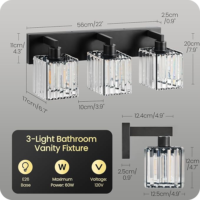 Modern Crystal Vanity Light, 3-Light Bathroom Light Fixture, 22" Square Vanity Lighting Fixture, E26 Base, Bulbs Not Included, for Bathroom,Vanity Light Over Mirror, Hallway,Black B06BD05W1
