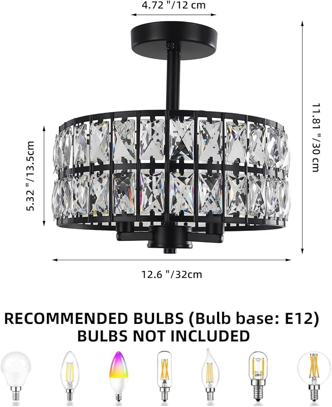 Crystal Ceiling Light Fixture, 12.6" Black Semi Flush Mount Ceiling Lights for Bedroom 3-Lights Modern Farmhouse Drum Round Crystal Chandelier for Entryway, Foyer, Dining Room, Kitchen, Hallway