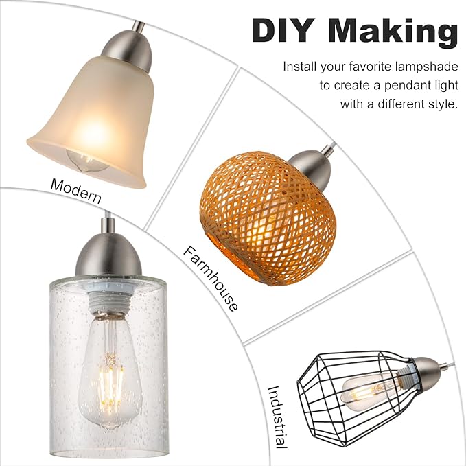Brushed Nickel Pendant Light Kit, Mini Pendant Lighting for Kitchen Island, DIY Make Modern & Industrial & Farmhouse Hanging Lights, Adjustable Height, 1 Pack（Shade and Bulb Not Included）