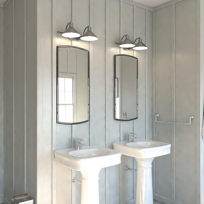 VAXCEL Akron 2-Light 18 inch Wide Satin Nickel and Matte White Farmhouse Bathroom Vanity Lighting Fixture, Metal Shade, Dimmable, LED Compatible, Over The Mirror Mounted Steel Wall Sconce