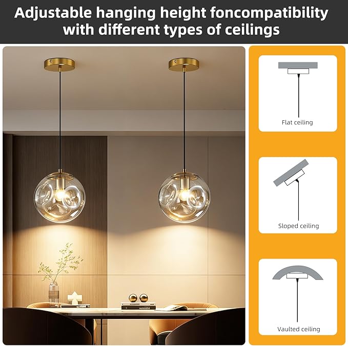 Modern Amber Concave Glass Pendant Light, 3-Pack Kitchen Island Lighting Single Globe Pendant Light Fixtures Century Kitchen Island Pendant Light for Bedroom Dining Room Light (Without Bulbs)