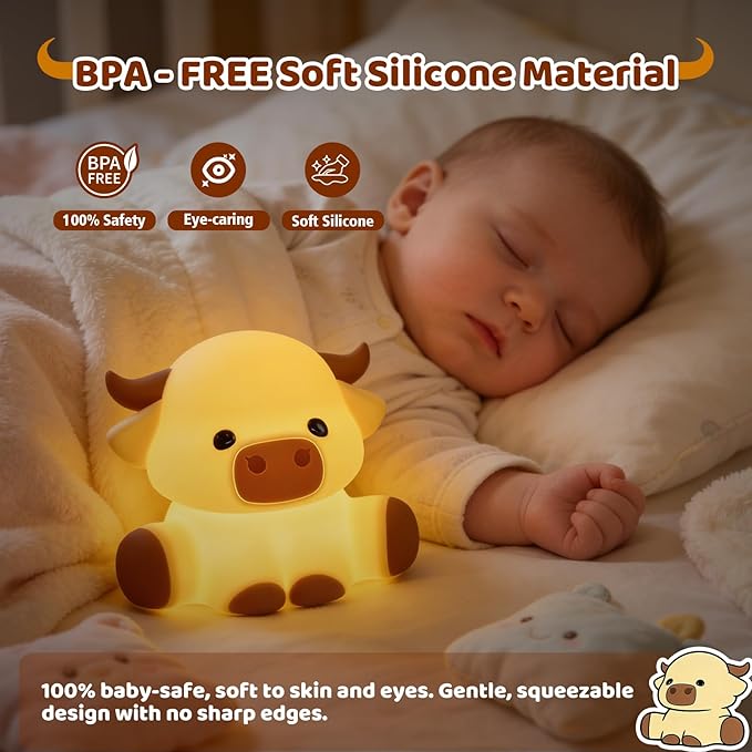 Cute Highland Cow Night Light, LED Touch Silicone Lamp for Bedroom with 7 Colors Timer and Dimmable Squishy Rechargeable Warm Light Night Lights, Animal Lamp for Bedroom Decor Birthday Gift