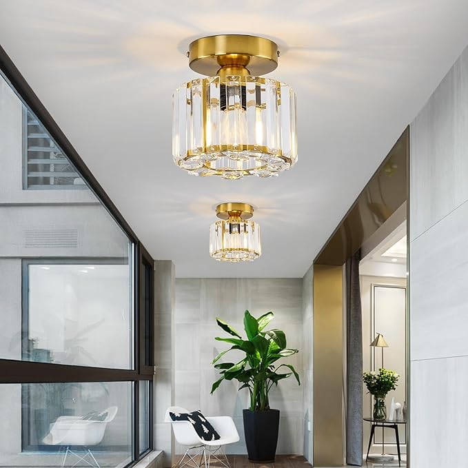 2 Pack Small Crystal Semi Flush Mount Ceiling Light Fixture Modern Gold Mini Round Chandelier Metal E26 Ceiling Lamp for Hallway Bathroom Entryway Kitchen Closet