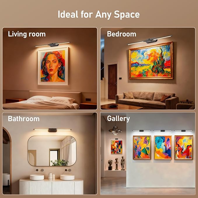 Glendan Wireless Picture Light for Wall: 24" Rechargeable Art Light with Remote & Timer, 8000mAh Battery Operated Poster Lights, 3 Color Modes & 3 Brightness Levels for Pictures, Gallery, Frame