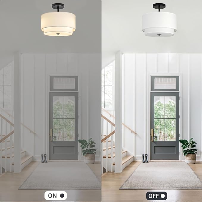 3-Light Semi Flush Mount Ceiling Light Fixture,12.6inch Modern Close to Ceiling Light with 2-Layer White Drum Fabric Shade,Entryway Light Fixture Ceiling Mount Lamps for Bedroom Dining Room