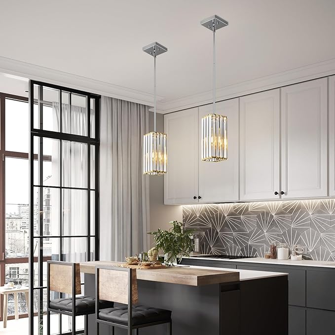 Modern Pendant Light Chrome Rectangle Pendant Lighting Mini Crystal Chandeliers Adjustable Pendant Light Fixture for Kitchen Island Dinning Room Living Room Corridor Bedroom(Chrome 2-Pack)