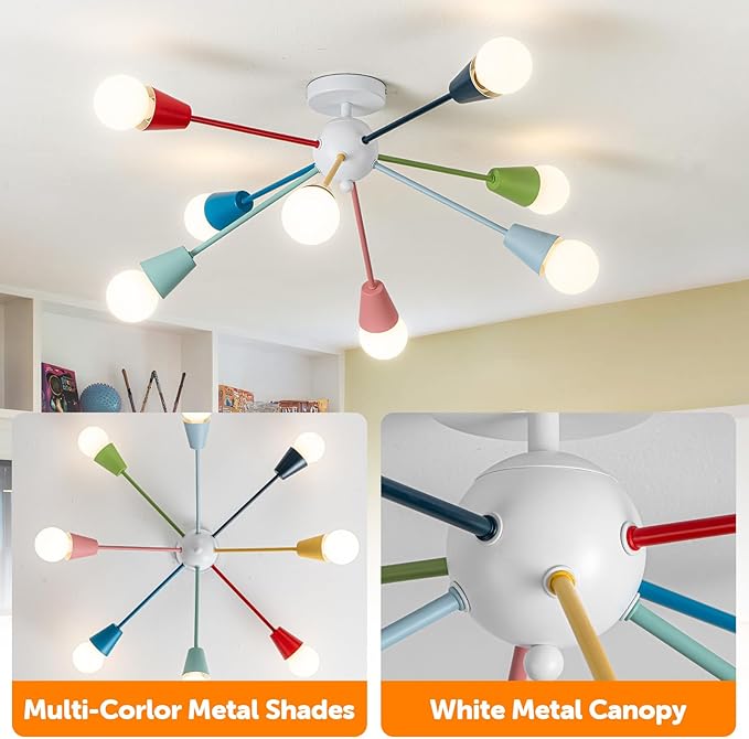 Colorful Chandelier, Modern Sputnik Chandelier, 8-Light Kids Light Fixture with Multi Color Rainbow Fun Lights for Kids Room Living/Dining Room Kitchen Hallway(E26)