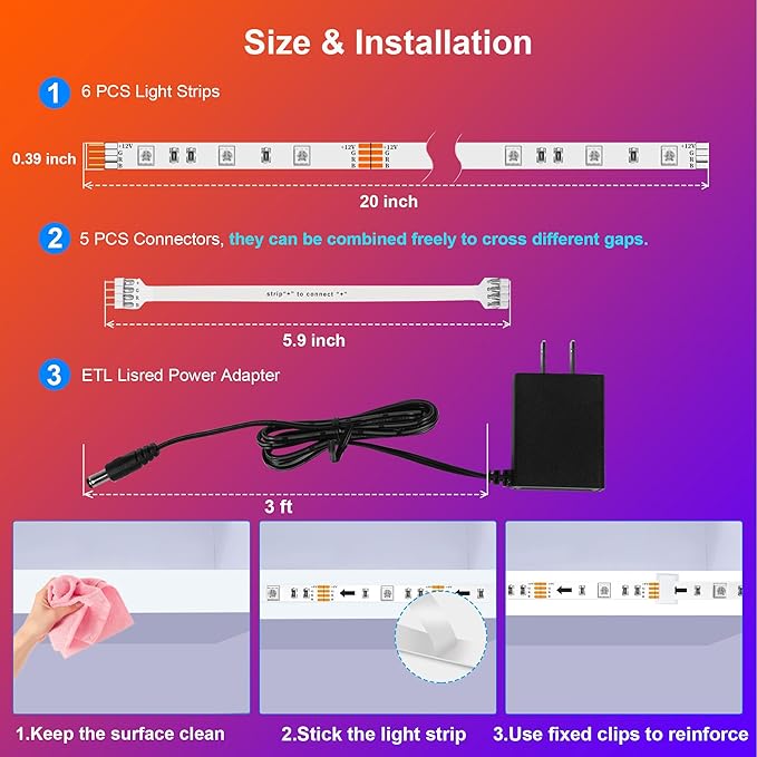 maylit 6 PCS RGB Under Cabinet Lighting Kit, App and Remote Control Led Strip Lights, Music Sync Color Changing Led Lights with ETL Listed Power Adapter, for Cabinet, Counter, Shelf, Bookcase, 9.8ft