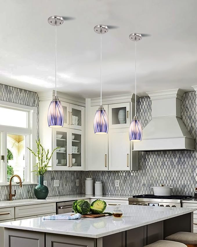 karyfine Mini Art Glass Dark Blue Pendant Lights Kitchen Island Hand Blown Mini Glass Pendant Lights with Brush Nickel Finish Adjustable Cord for Kitchen Over Sink,Hallway,Dining Room,Stairsway
