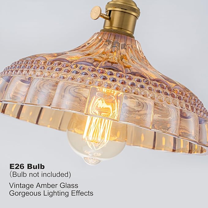 EDSILIVE Vintage Flower Glass Pendant Lights Kitchen Island 9.84" Antique Flower Amber Glass Hanging Ceiling Light Fixture with Adjustable Wire E26 Base for Dining Room Kitchen Table, Gold Tea