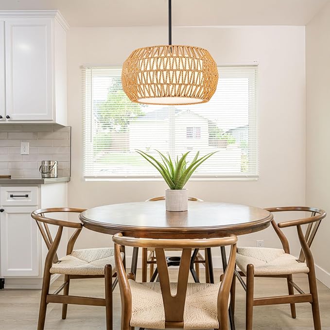 4-Light Farmhouse Rattan Chandelier,15.7'' Boho Hand Woven Drum Pendant Light Fixtures with Fabric Shade,Coastal Rattan Hanging Ceiling Lights for Kitchen Island,Dining Room,Living Room,Entryway,Foyer