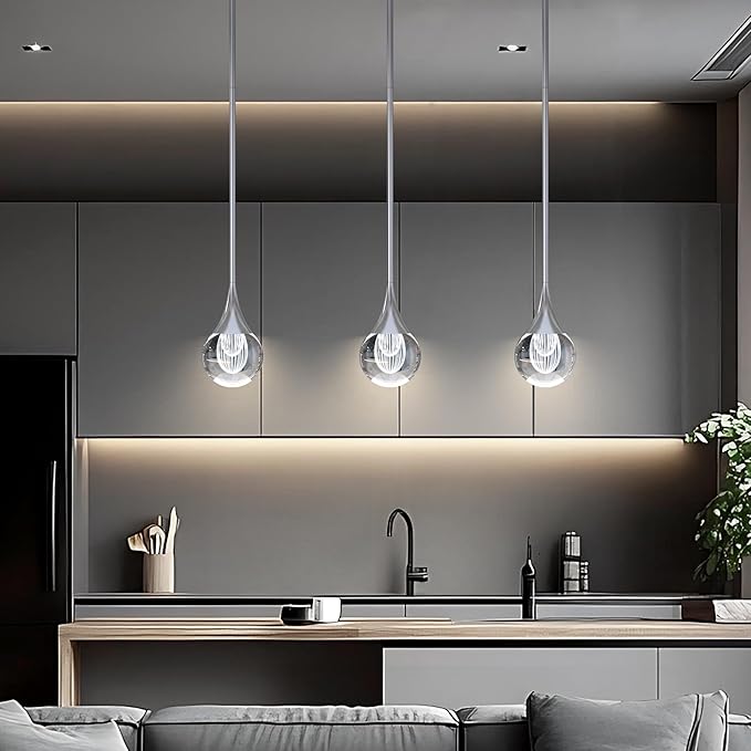 2-Pendant Lights Kitchen Island, Silver Crystal Globe Ceiling Hanging Light Fxitures, LED Light Fixtures Metal Rod Ceiling Glass Pendant Lighting for Kitchen Island Dining Room Bar