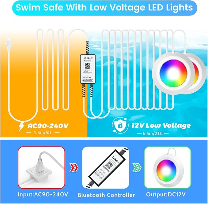 LyLmLe LED Pool Lights 40W Double Lights for Giant Pools, 12V APP Control Underwater Light with Magnet & Timer, 1600lm, IP68 Waterproof Submersible Light for Aboveground and Inground Pools