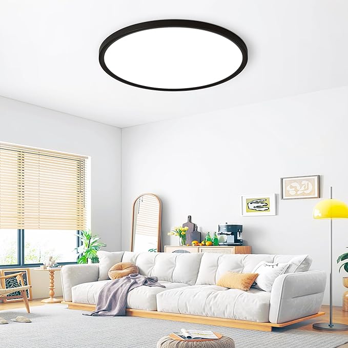 20 inch Led Ceiling Light, Ultra Thin Dimmable Flush Mount Ceiling Light, 3000K/4000K/6500K Selectable Round Ceiling Lamp for Bedroom Kitchen Living Room, Black