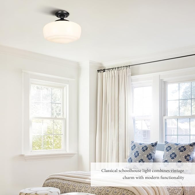 Large Schoolhouse Style Semi Flush Mount Ceiling Light Fixture, 14" Modern Hallway Ceiling Lamp with Opal Milk Glass Shade, Farmhouse Globe Light for Bedroom Kitchen Hallway Entryway Laundry