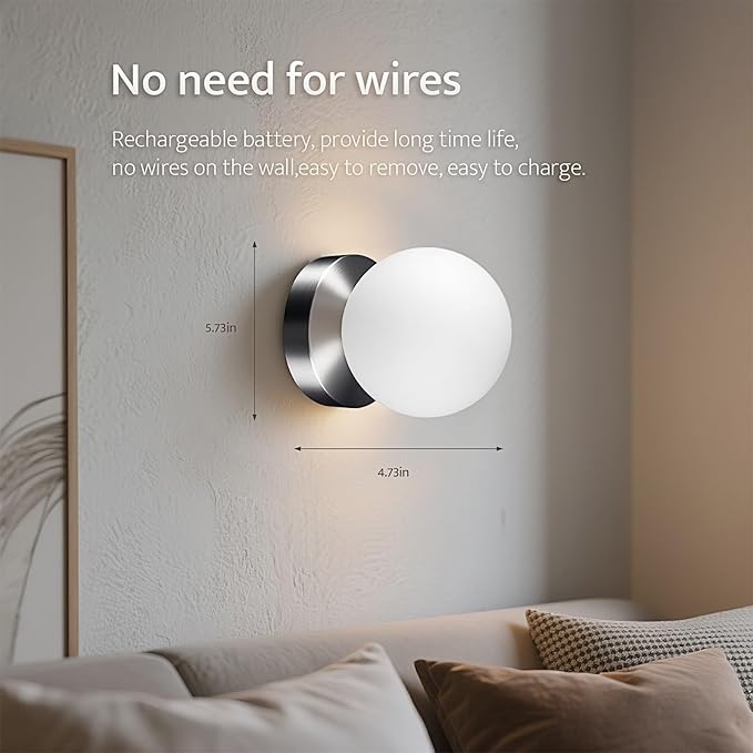 Battery Operated Wall Sconce, Dimmable Wireless Brushed Nickel Wall Lamp with 5200mAh Rechargeable Battery, Portables Cordless Wall Light Fixtures for Painting Living Room Bedroom Hallway