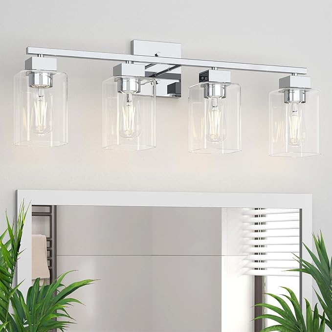 Espird 4 Light Bathroom Vanity Light - Chrome Bathroom Light Fixtures Square Design & UL Certification, 26 inch Square Bath Room Lights Over Mirror, Vanity Lighting Fixtures for Living Room & Bedroom