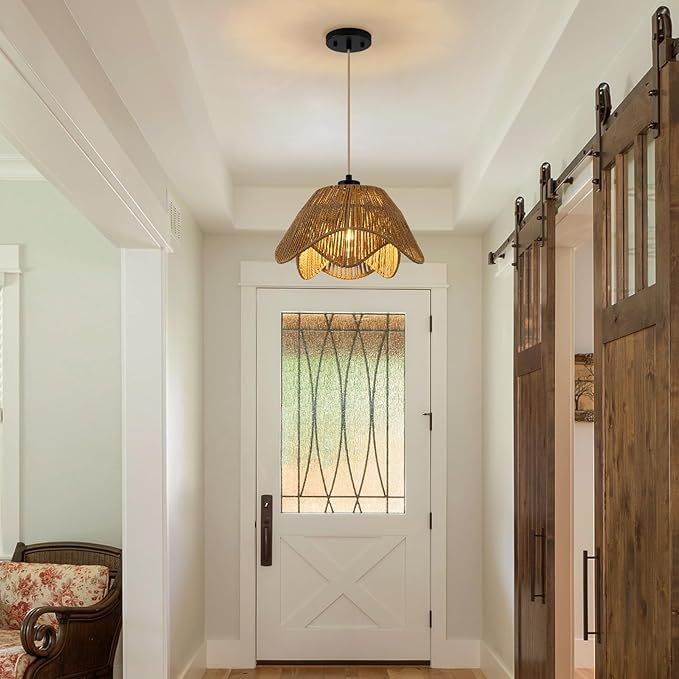 Rattan Pendant Light Fixtures,1 Light Boho Hanging Light, Farmhouse Hand Woven Wicker Chandelier, Adjustable Flush Mount Ceiling Hanging Lamp for Bedroom Dining Room Kitchen Island Hallway