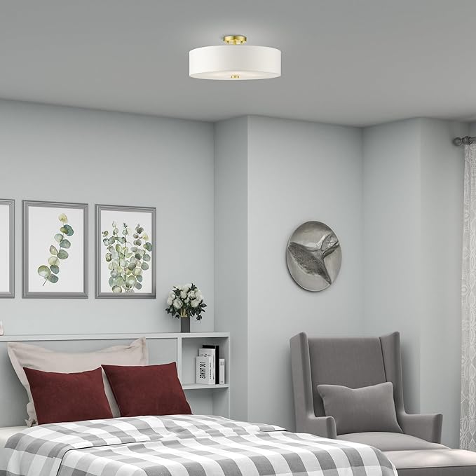 Livex Lighting 51055-12 Meridian Collection 4-Light Semi Flush Mount Ceiling Light with Off-White Hardback Fabric Shade, Satin Brass
