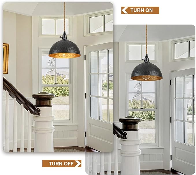 Plug in Pendant Lights Hammered Dome Hanging Lamp with Dimmable Switch 15 Ft Long Hemp Rope Farmhouse Pndant Light Cord Lighting Fixture DIY Hanging Light