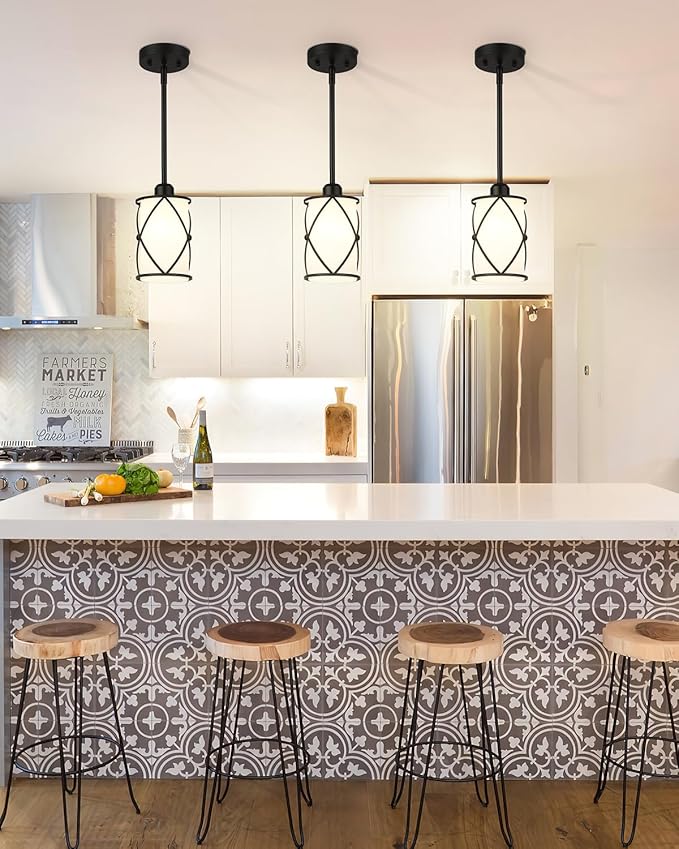Pendant Lights Kitchen Island 3 Pack, Black Kitchen Pendant Lighting Over Island with Milk Glass and Rods, Modern Mini Hanging Light for Sink Dining Room, CH9176BKW-3PK