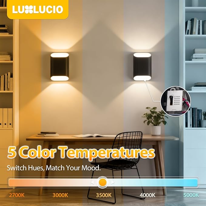 1 Pack Black & Gold Up & Down Wall Sconce Lamp 5%-100% Dimmable, Modern Indoor/Outdoor Light, IP65 Waterproof, 120V, 1200LM, 12W, 2700K-5000K 5-Color Selectable, CRI90+, ETL FCC Certified