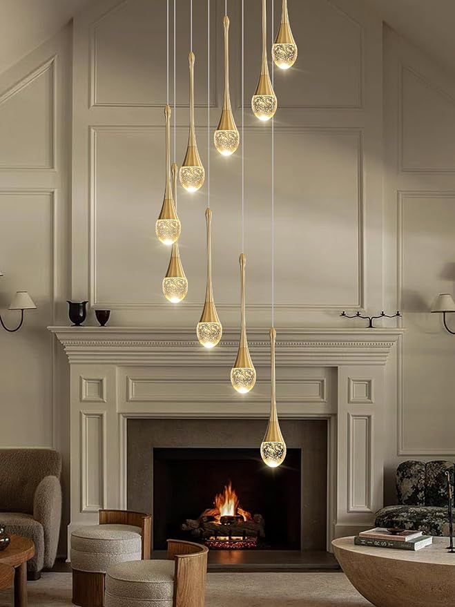 ykolupty H100'' Modern Chandelier 9-Lights Gold Foyer Entrance Chandeliers High Ceiling Chandelier LED Dimmable 2700-6000K Fixtures