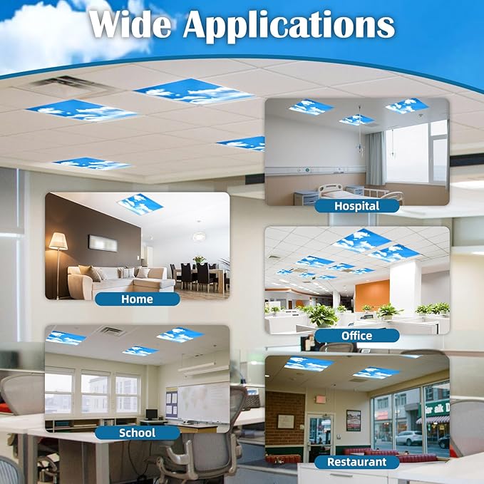 ANGSYLTH 2 x 2 Feet Fluorescent Light Covers - 4 Pcs Covers for Ceiling Lights, Magnetic Light Filters for Classroom, Office, Hospitals, Home (Blue Skies & White Clouds)